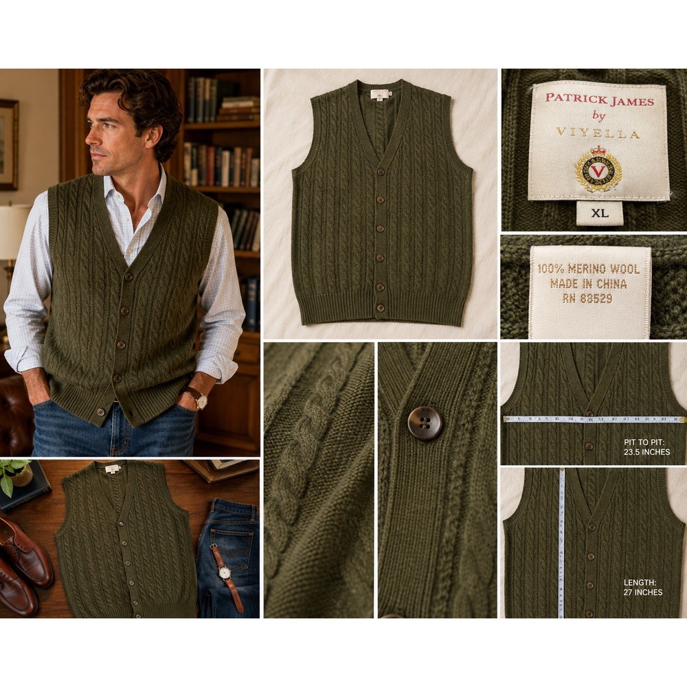 Patrick James Viyella Merino‎ Wool Cardigan Vest Olive Green Cable Knit Mens XL